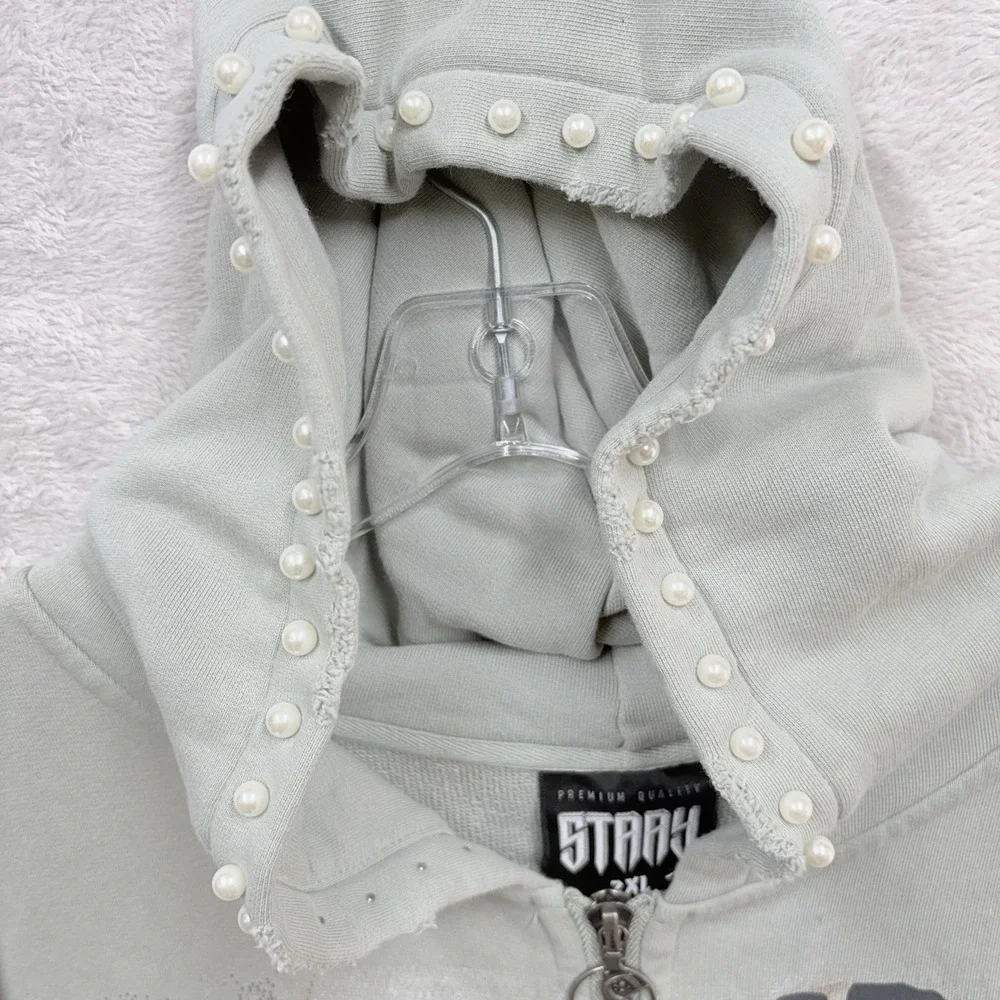 Stray Web Crawler‎ Skull Full Zip Hoodie Mens 2XL Green Spider Y2K Pearls NWT